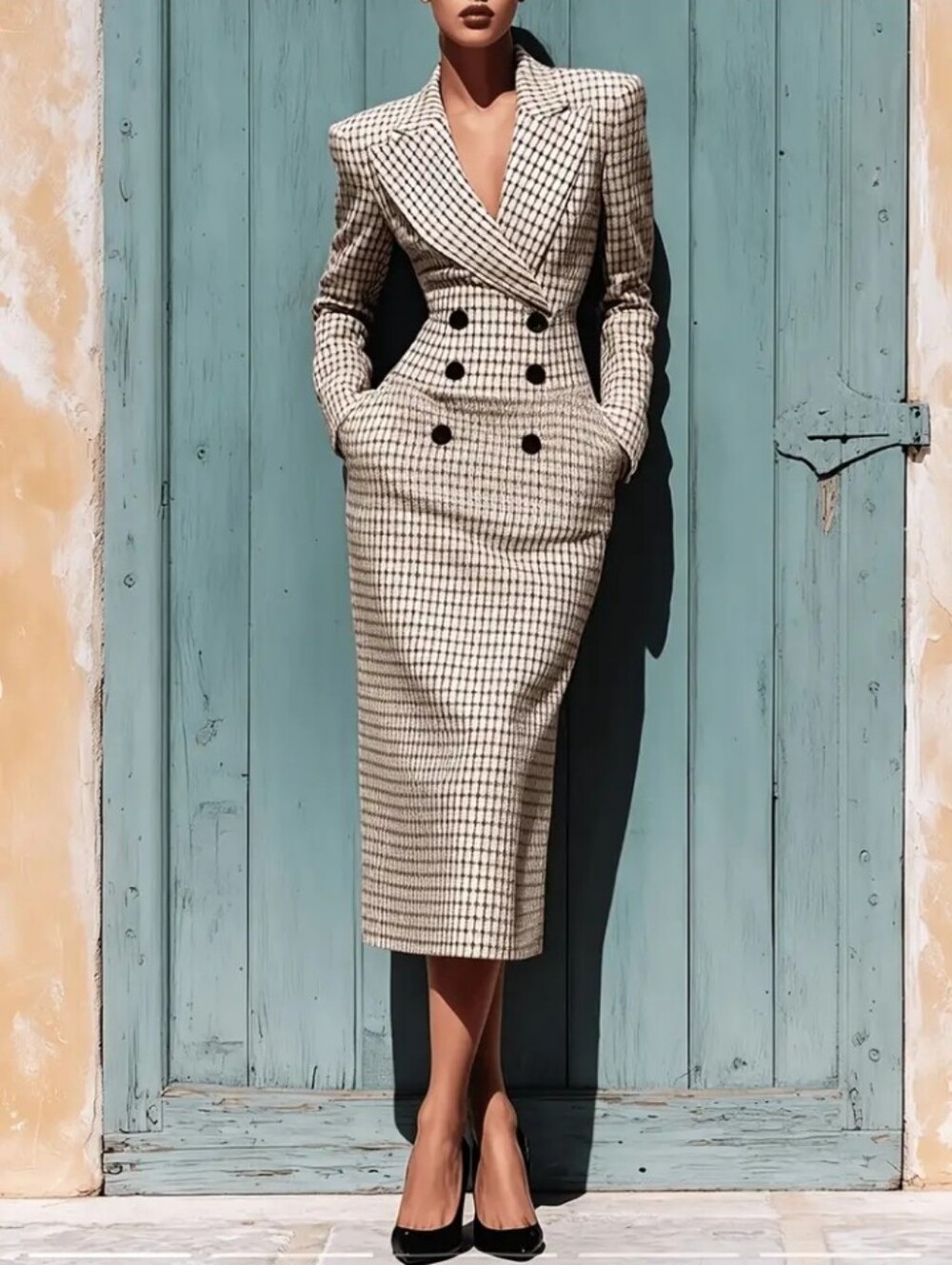 Women Plaid Blazer Midi Dress, Double Breasted Bodycon Pencil Dress, Elegant